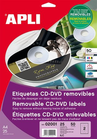 APLI Etikett, CD/DVD, A4, matt, eltávolítható, APLI