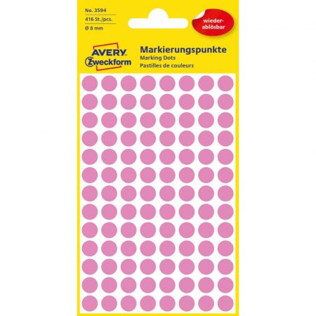 Etikett címke, O8mm, visszaszedhető, 104 címke/ív, 4 ív/doboz, Avery rózsaszín
